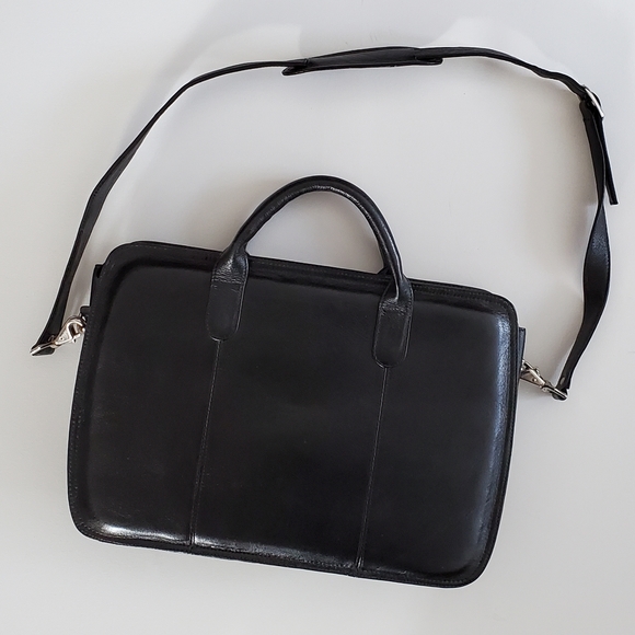 WOMENS BLACK LEATHER LAPTOP TOTE BAG - Picture 1 of 7